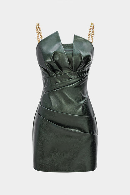 Faux Leather Metallic Ruched Sleeveless Slip Mini Dress