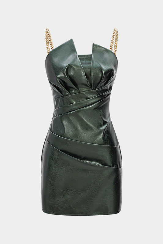 Faux Leather Metallic Ruched Sleeveless Slip Mini Dress