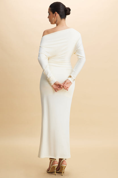 One Shoulder Ruched Long Sleeve Maxi Dress