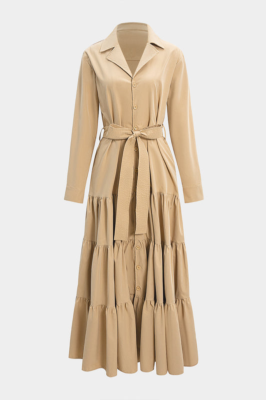 Lapel Button Tie-Up Ruched Coat