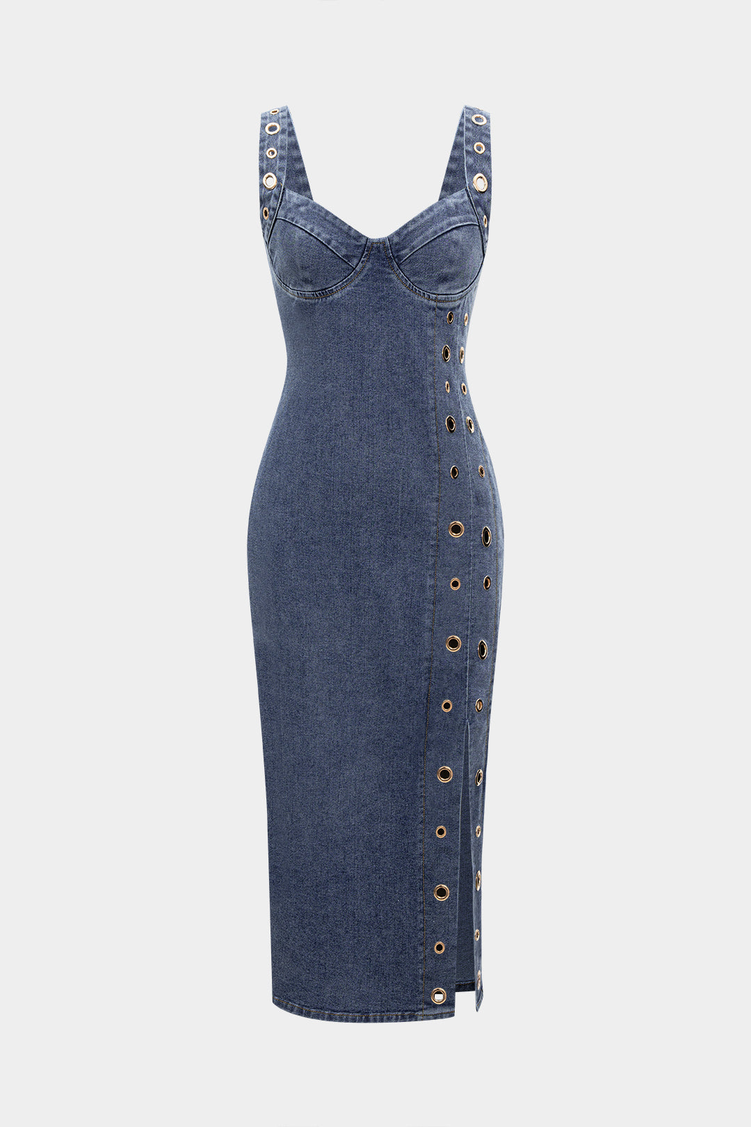 Denim Zipper Eyelet Side Slit Sleeveless Dress