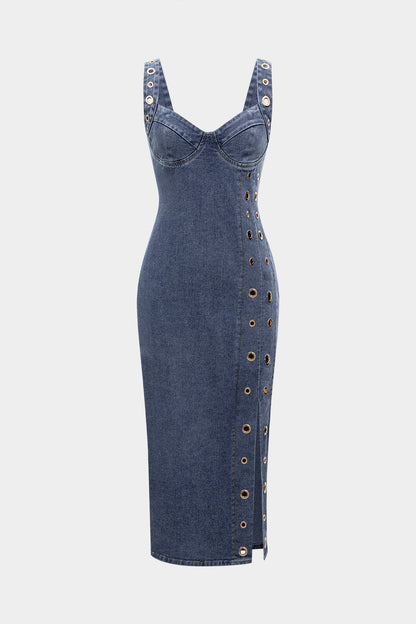 Denim Zipper Eyelet Side Slit Sleeveless Dress