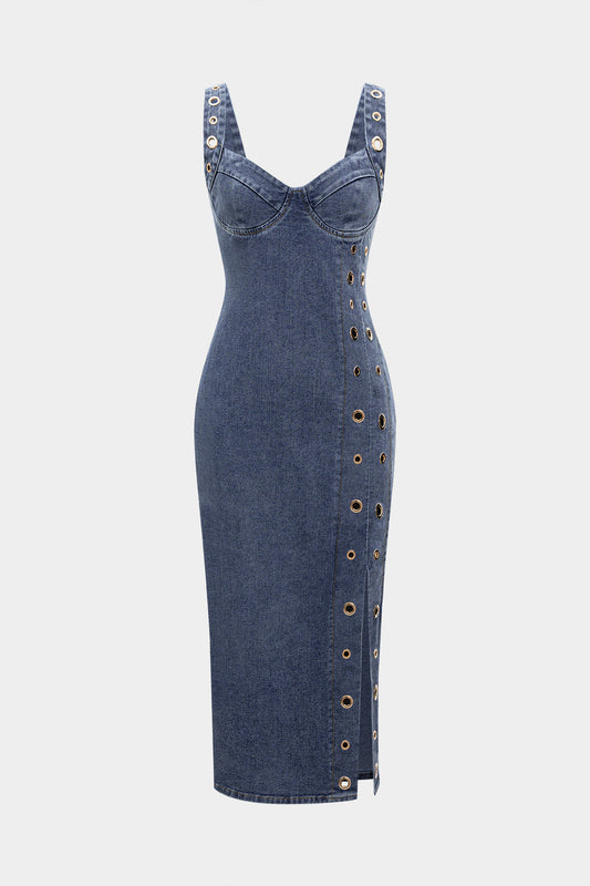 Denim Zipper Eyelet Side Slit Sleeveless Dress