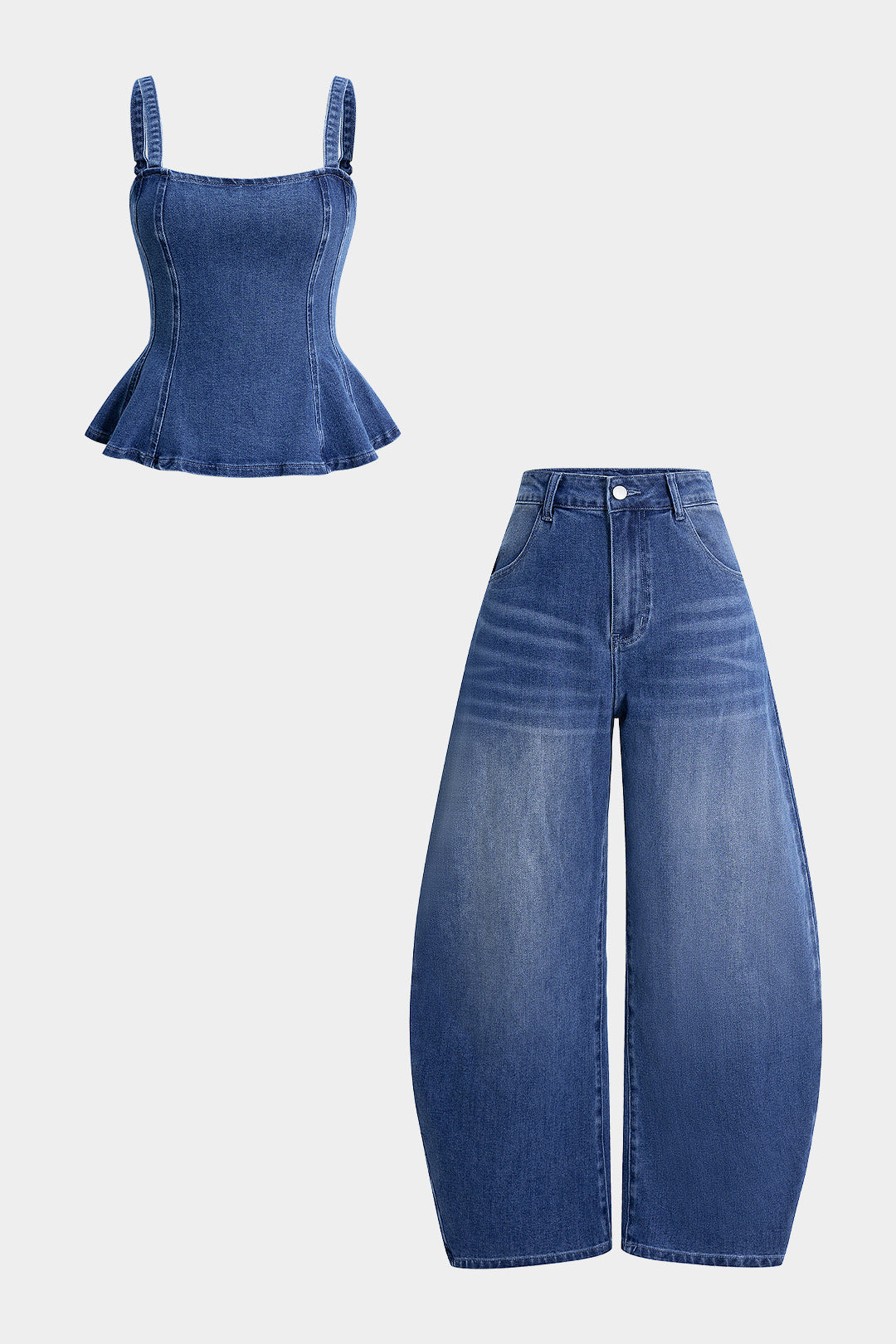 Denim Ruched Cami Top And Barrel Jeans Set