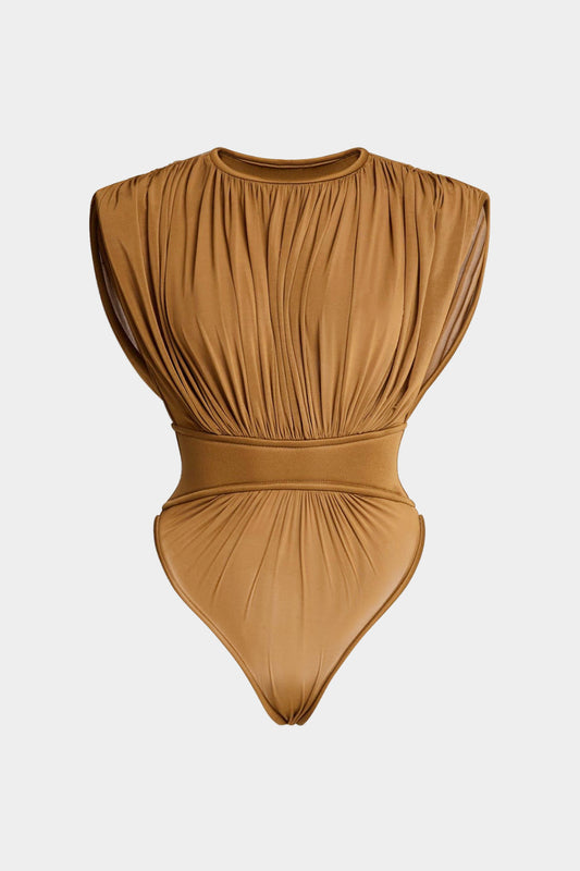 Zipper Ruched Waist-Cinching Round Neck Bodysuit