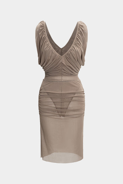 Chiffon Ruched V-Neck Sleeveless Bodysuit And Skirt Set