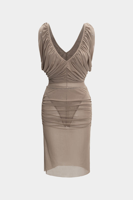 Chiffon Ruched V-Neck Sleeveless Bodysuit And Skirt Set