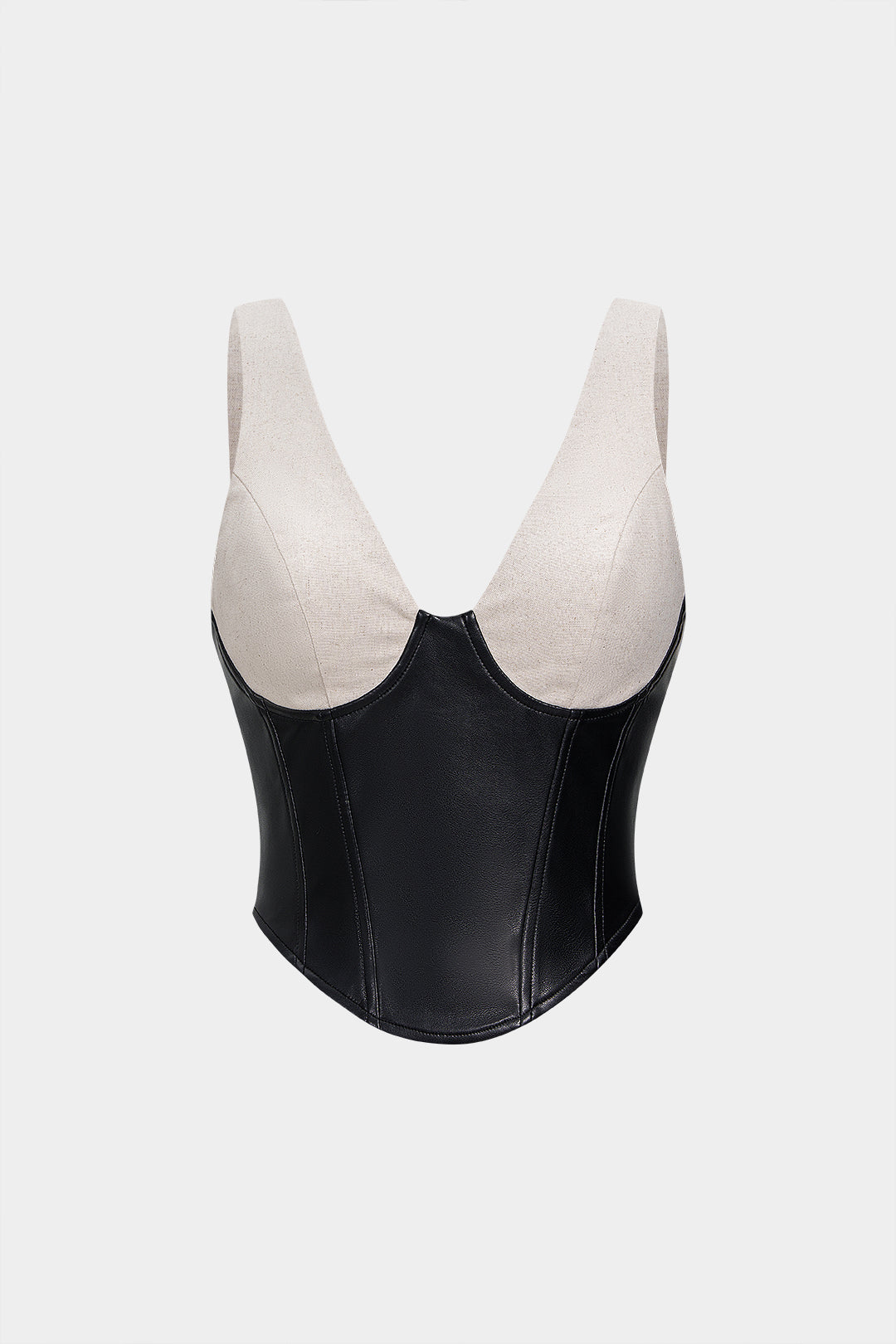 Faux Leather Linen Patchwork V-Neck Cami Top