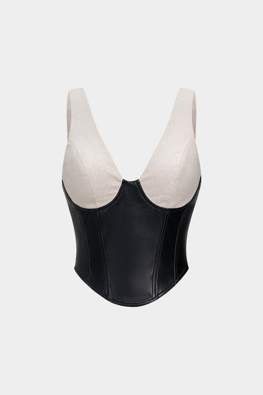 Faux Leather Linen Patchwork V-Neck Cami Top