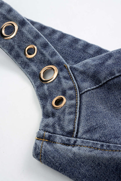 Denim Zipper Eyelet Side Slit Sleeveless Dress