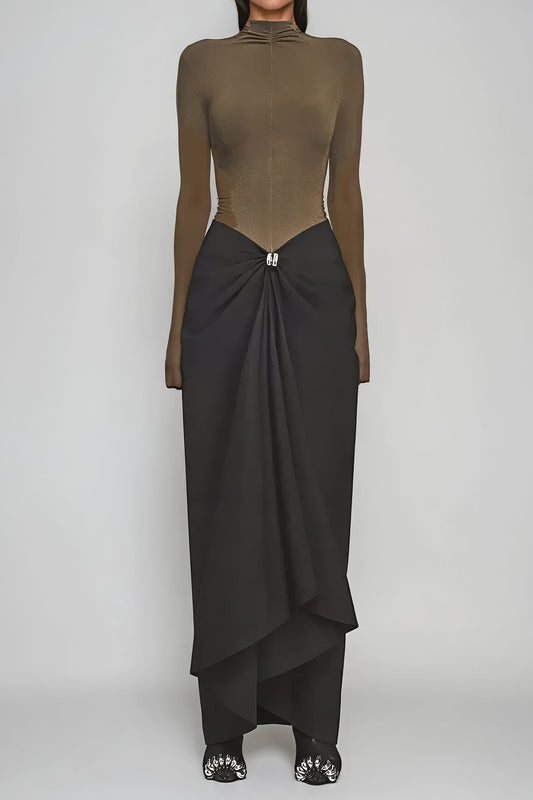 Satin Metallic Ruched Patchwork Zipper Long Sleeve Maxi Dress