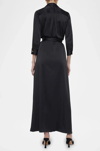 Satin Button Belted Long Sleeve Maxi Dress