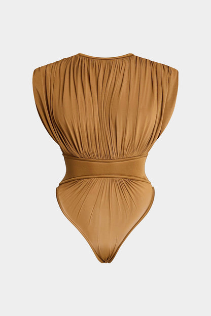 Zipper Ruched Waist-Cinching Round Neck Bodysuit