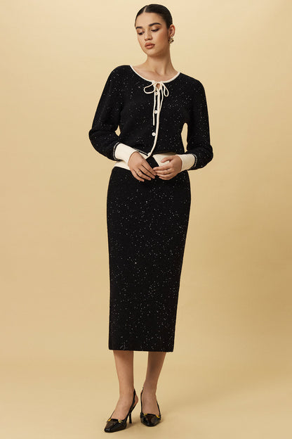 Knit Contrast Button Tie-Up Long-Sleeve Top