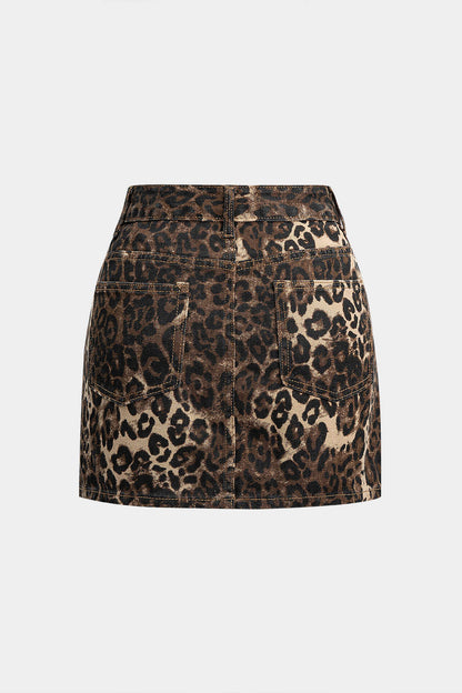 Denim Leopard Print High Waist Skirt
