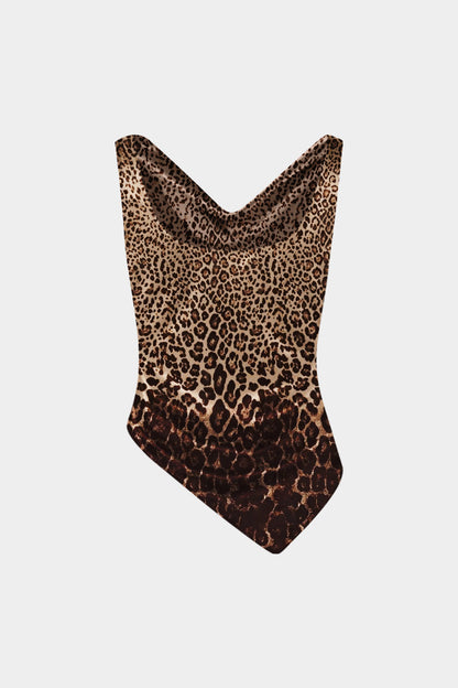 Leopard Print Satin Asymmetrical Draped Cowl Neck Tank Top