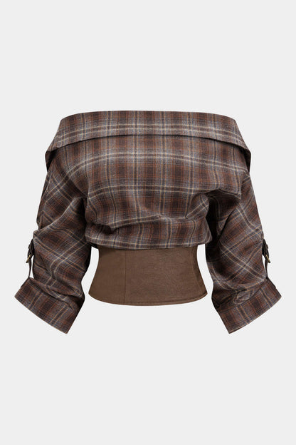 Plaid Print Satin Patchwork Off Shoulder Zipper Long-Sleeve Shirt