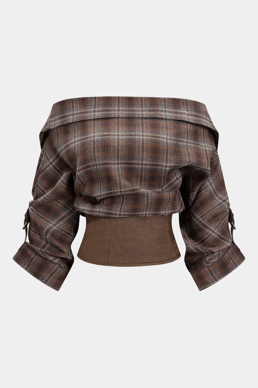Plaid Print Satin Patchwork Off Shoulder Zipper Long-Sleeve Shirt