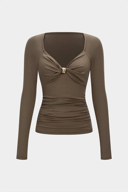 Metallic Twist Knot Ruched Long-Sleeve Top
