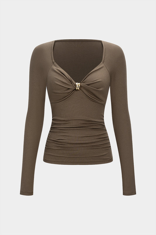 Metallic Twist Knot Ruched Long-Sleeve Top