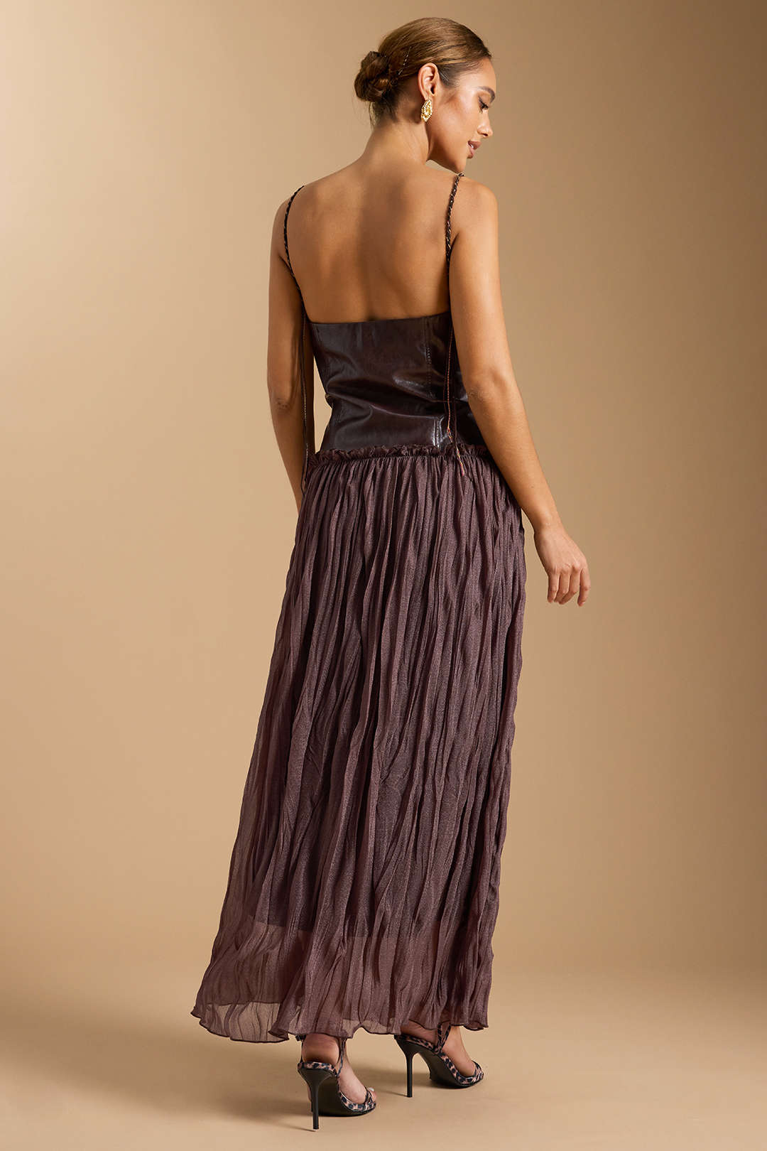 Faux Leather Patchwork Ruched Sleeveless Midi Dress