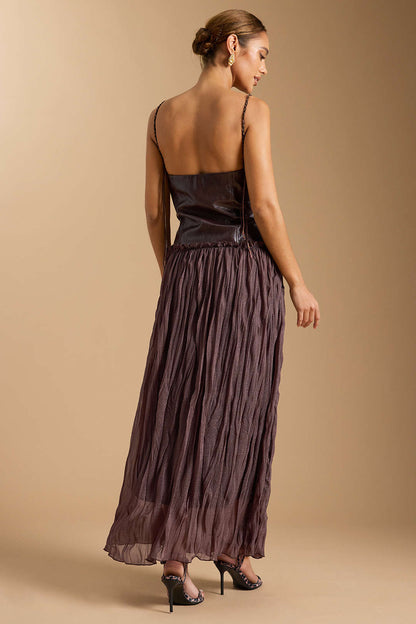 Faux Leather Patchwork Ruched Sleeveless Midi Dress