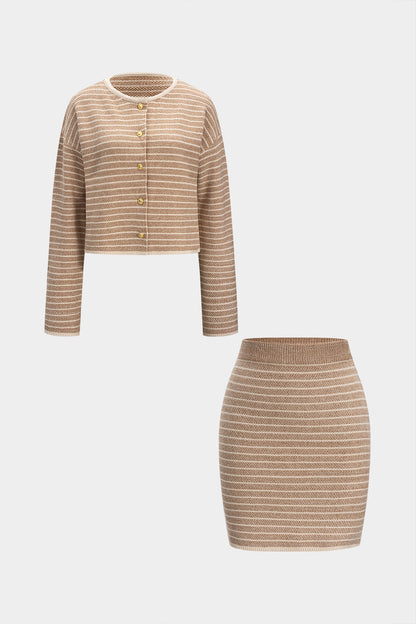 Knit Stripes Print Button Long-Sleeve Top And Mini Skirt Set