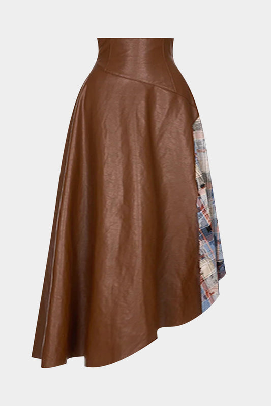 Faux Leather Patchwork Asymmetrical Skirt