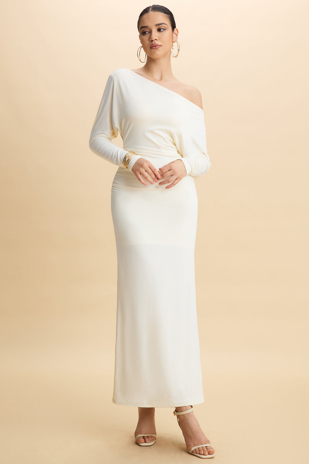 One Shoulder Ruched Long Sleeve Maxi Dress
