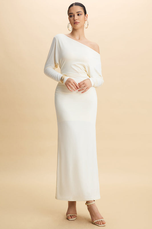 One Shoulder Ruched Long Sleeve Maxi Dress