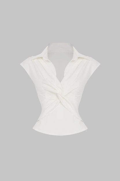 Twist Knot Ruched V-Neck Short-Sleeve Shirt