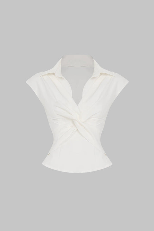Twist Knot Ruched V-Neck Short-Sleeve Shirt