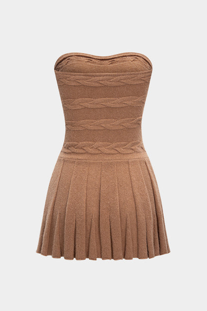 Cable Knit Strapless Pleated Mini Dress