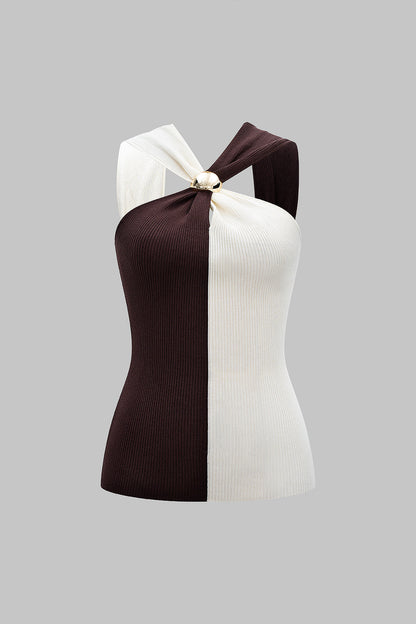 Halter Neck Contrast Metallic Tank Top
