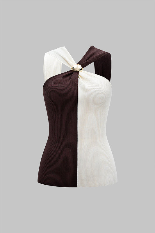 Halter Neck Contrast Metallic Tank Top