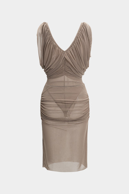 Chiffon Ruched V-Neck Sleeveless Bodysuit And Skirt Set