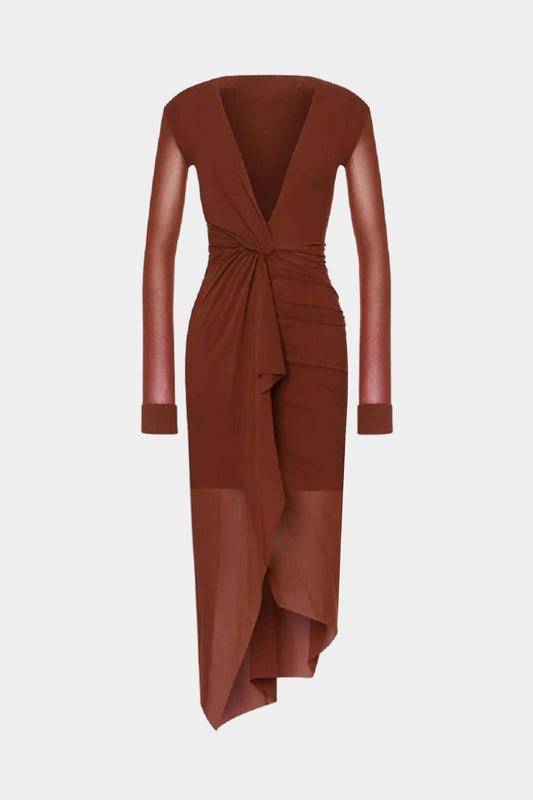 Asymmetrical Twist Knot Ruched Long Sleeve Midi Dress