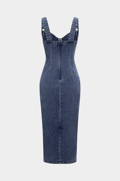Denim Zipper Eyelet Side Slit Sleeveless Dress