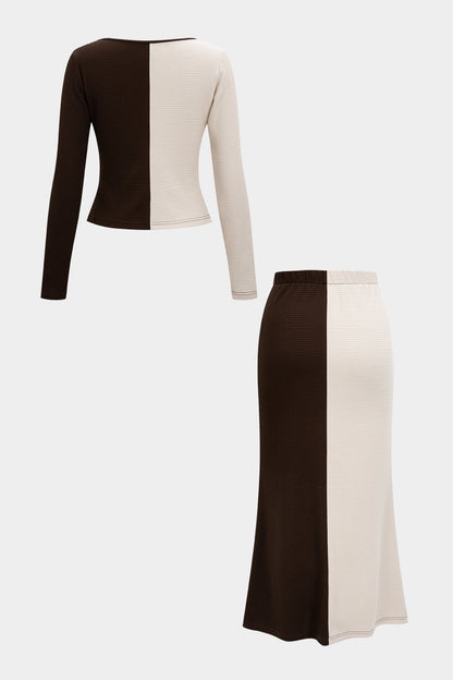 Contrast Button Long-Sleeve Top And High Waist Skirt Set