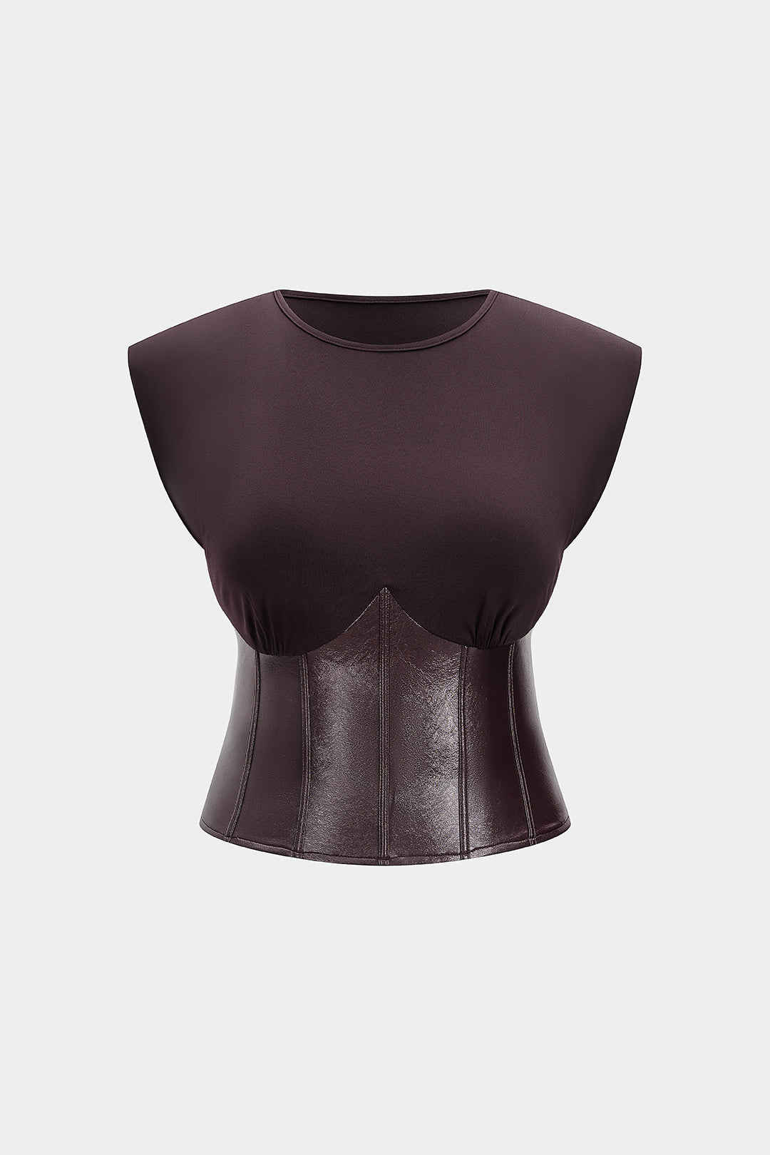 Faux Leather Round Neck Patchwork Short Sleeve T-Shirt