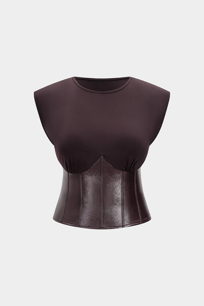 Faux Leather Round Neck Patchwork Short Sleeve T-Shirt