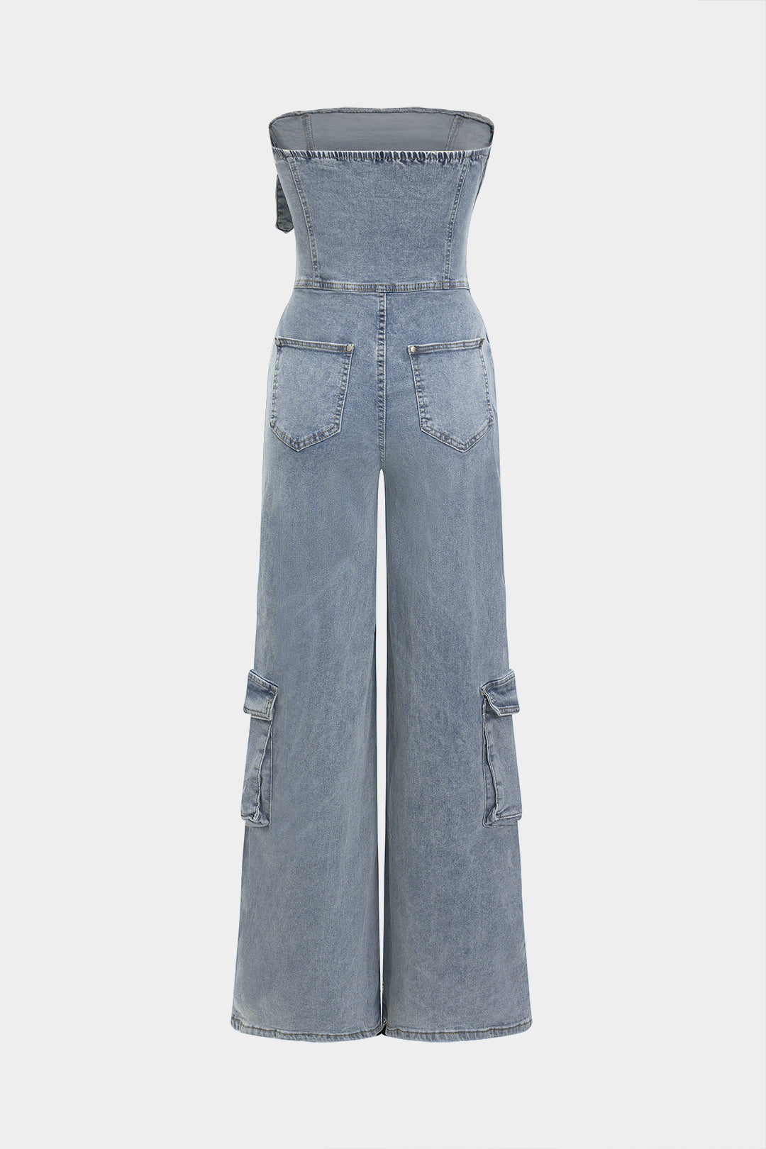 Denim Belted High Waist Strapless Sleeveless Jumpsuit