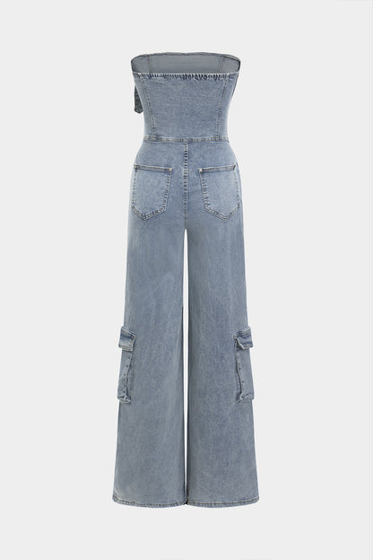 Denim Belted High Waist Strapless Sleeveless Jumpsuit