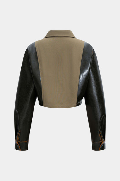 Faux Leather Patchwork Pocket Long-Sleeve Shirt