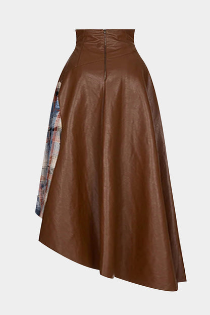 Faux Leather Patchwork Asymmetrical Skirt