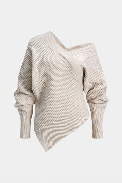 Knit Asymmetrical V-Neck Long-Sleeve Top