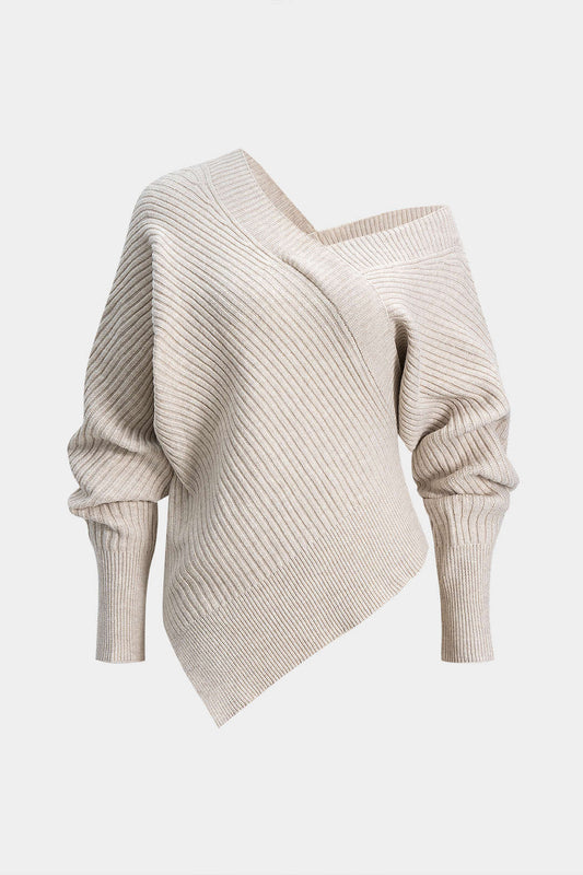 Knit Asymmetrical V-Neck Long-Sleeve Top