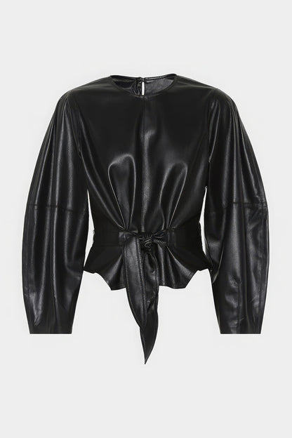 Faux Leather Tie Front Round Neck Long-Sleeve Shirt