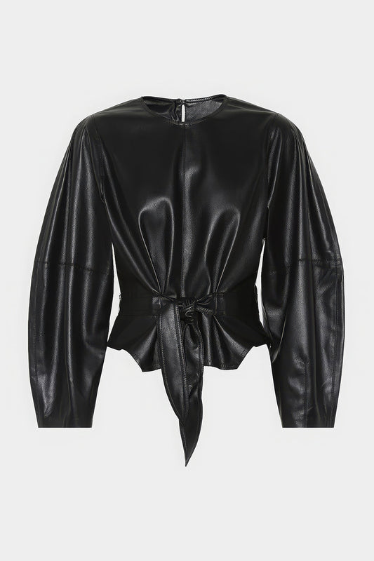 Faux Leather Tie Front Round Neck Long-Sleeve Shirt