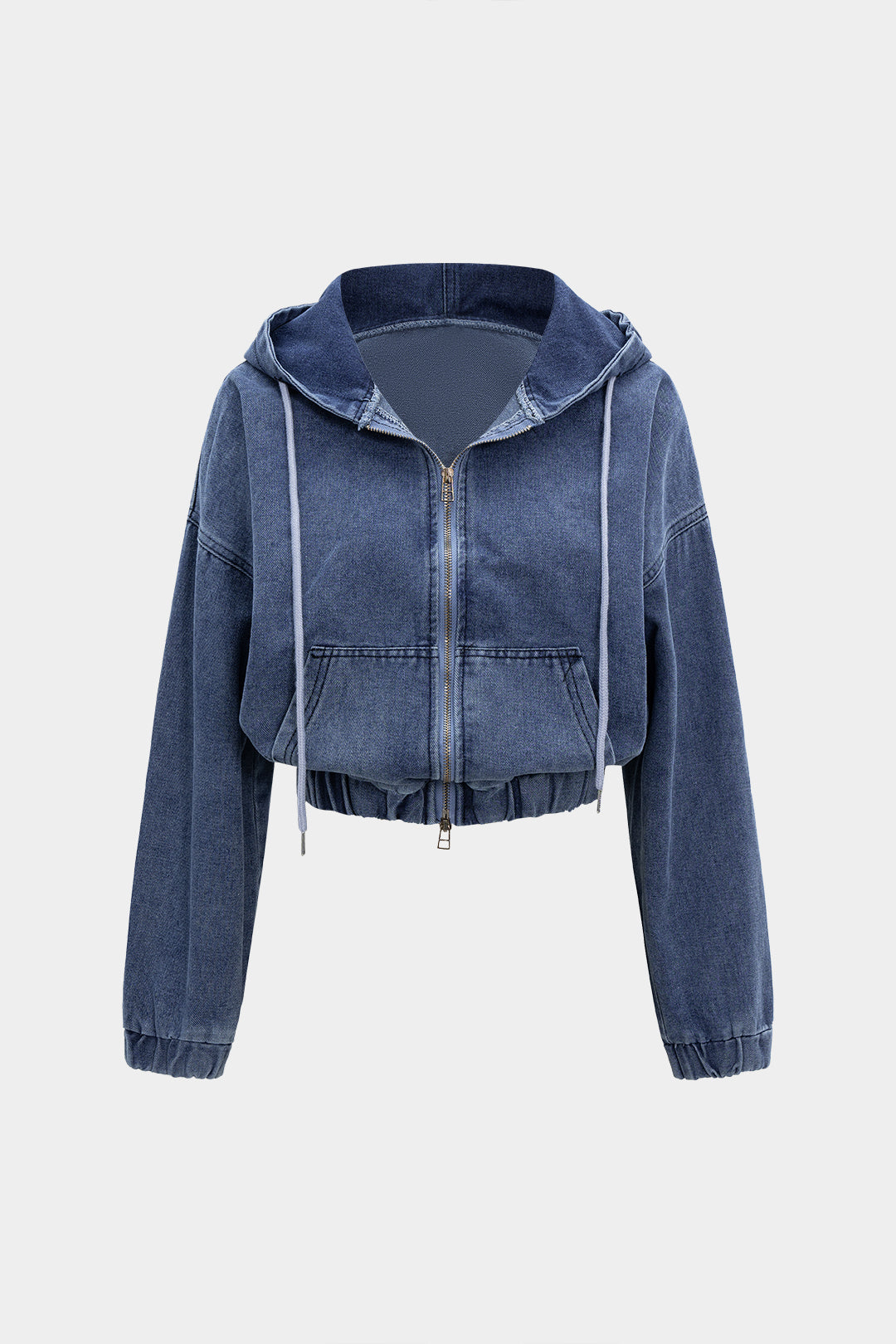 Denim Zipper Hooded Long-Sleeve Top